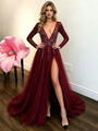 Burgundy Tulle V-neck Long Sleeve Beading Prom Dress