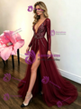 Burgundy Tulle V-neck Long Sleeve Beading Prom Dress