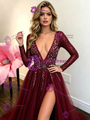 Burgundy Tulle V-neck Long Sleeve Beading Prom Dress