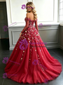 Red Tulle Long Sleeve Appliques Prom Dress
