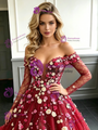 Red Tulle Long Sleeve Appliques Prom Dress