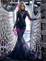 Navy Blue Mermaid Lace Long Sleeve Prom Dress