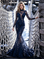 Navy Blue Mermaid Lace Long Sleeve Prom Dress