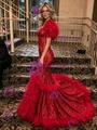 Red Mermaid Seuqins Feather Prom Dress