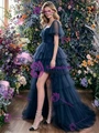 Navy Blue Tulle Hi Lo Prom Dress