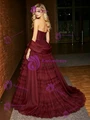 Burgundy Tulle Strapless Tiers Prom Dress