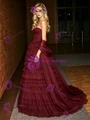 Burgundy Tulle Strapless Tiers Prom Dress