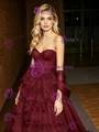 Burgundy Tulle Strapless Tiers Prom Dress
