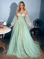 Green Tulle Straps Long Sleeve Prom Dress