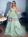 Green Tulle Straps Long Sleeve Prom Dress