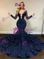 Navy Blue Mermaid Sequins Long Sleeve Prom Dress
