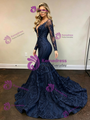 Navy Blue Mermaid Sequins Long Sleeve Prom Dress