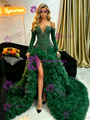 Green Tulle Long Sleeve Crystal Prom Dress