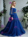 Royal Blue Tulle Long Sleeve Beading Prom Dress