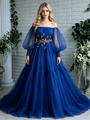 Royal Blue Tulle Long Sleeve Beading Prom Dress