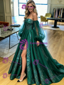 Blue Satin Straps Long Sleeve Prom Dress