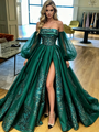 Blue Satin Straps Long Sleeve Prom Dress