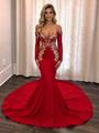 Red Mermaid Long Sleeve Appliques Prom Dress