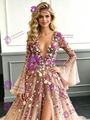 Pink Tulle Long Sleeve Appliques Prom Dress