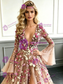 Pink Tulle Long Sleeve Appliques Prom Dress