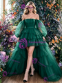 Green Tulle Hi Lo Long Sleeve Prom Dress