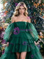 Green Tulle Hi Lo Long Sleeve Prom Dress