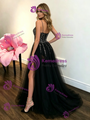 Black Tulle Spaghetti Straps Beading Prom Dess