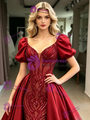 Burgundy Satin Puff Sleeve Prom Dress