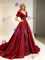 Burgundy Satin Puff Sleeve Prom Dress