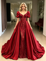 Burgundy Satin Puff Sleeve Prom Dress
