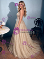 Champagne Lace Sequins Straps Prom Dress
