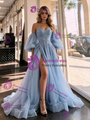 Blue Tulle Puff Sleeve Straps Prom Dress