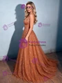 Orange Tulle Lace Straps Prom Dress