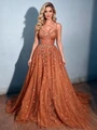 Orange Tulle Lace Straps Prom Dress
