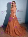 Orange Tulle Lace Straps Prom Dress