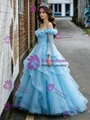 Blue Tulle Long Sleeve Off the shoulder Quinceanera Dress