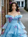 Blue Tulle Long Sleeve Off the shoulder Quinceanera Dress