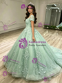 Green Tulle Short Sleeve V-neck Appliques Quinceanera Dress
