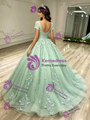 Green Tulle Short Sleeve V-neck Appliques Quinceanera Dress