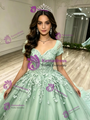 Green Tulle Short Sleeve V-neck Appliques Quinceanera Dress