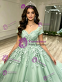 Green Tulle Short Sleeve V-neck Appliques Quinceanera Dress