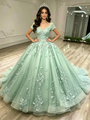 Green Tulle Short Sleeve V-neck Appliques Quinceanera Dress