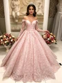 Pink Lace Long Sleee Off the Shoulder Quinceanera Dress