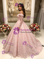 Pink Lace Long Sleee Off the Shoulder Quinceanera Dress