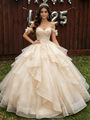 Champagne Tulle Appliques Off the Shoulder Quinceanera Dress