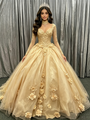 Gold Long Sleeve Appliques Flower Quinceanera Dress