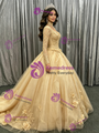 Gold Long Sleeve Appliques Flower Quinceanera Dress