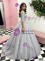 Silver Gray Tulle Short Sleeve Appliques Quinceanera Dress