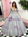 Silver Gray Tulle Short Sleeve Appliques Quinceanera Dress