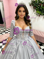 Silver Gray Tulle Short Sleeve Appliques Quinceanera Dress